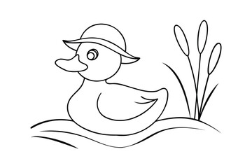 Outline a duck wearing a hat on water with reeds vector