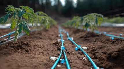 Roll of drip tape and irrigation connectors next to tomato plant rows