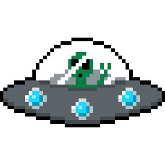 Obraz premium Pixel art flying saucer with alien inside glass dome. UFO with Alien pixel style