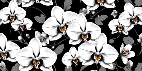 Elegant black and white orchid floral seamless pattern, perfect for textile and wallpaper design, plant, beauty