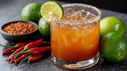 Spicy michelada cocktail with chili lime garnish and fresh limes