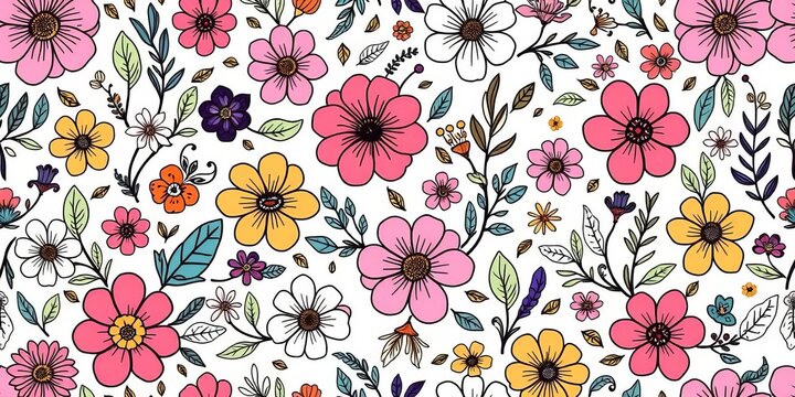 Whimsical doodle-style floral seamless pattern with hand-drawn flowers and leaves, perfect for textile design,  repeat,  spring - Powered by Adobe