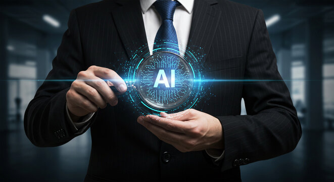 Businessman holding virtual AI interface symbolizing artificial intelligence, data-driven innovation, and smart enterprise technology in corporate digital transformation concept