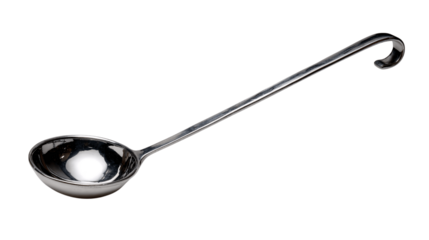 A angled pour ladle with hook end, white background --ar 16:9