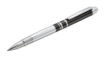 A chrome-finished stylus pen with replaceable tip, white background --ar 16:9