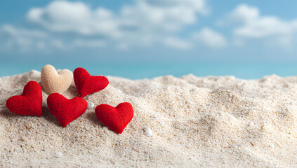 Fototapeta premium Beach scene with sandy backdrop and crimson hearts