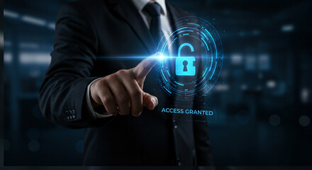 Businessman accessing secure digital system with biometric fingerprint scan and virtual interface showing unlocked padlock icon — cybersecurity authentication and secure technology access concept