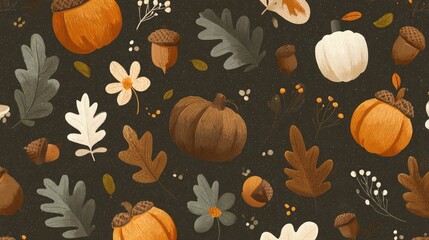 Seamless autumn vector pattern with falling leaves, acorns, and pumpkins