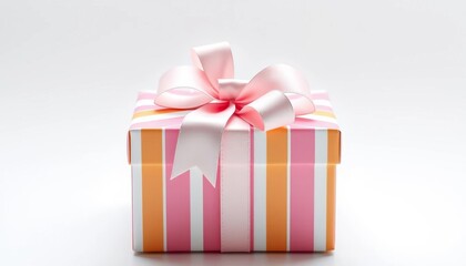 Fototapeta premium Pastel striped gift box with bow, white background, design, gift box packaging