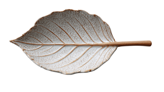 A clay spoon rest shaped like a leaf, white background --ar 16:9 - Powered by Adobe