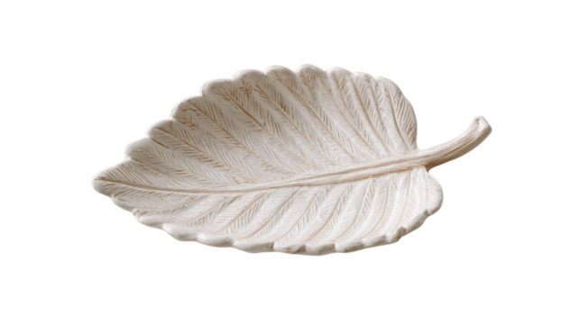 A clay spoon rest shaped like a leaf, white background --ar 16:9