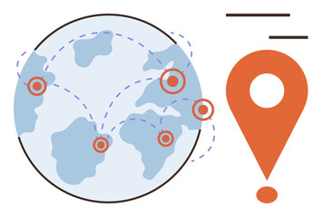 Obraz premium Earth with network lines connecting points, orange location pin symbol. Ideal for global business, logistics, travel, technology, communication, navigation connectivity. Simple flat metaphor