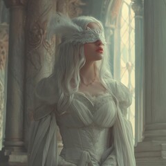  Vintage style silver hair woman wearing white frock.