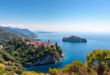 Fototapeta premium Sun-drenched Isola Bella, Taormina, Sicily Panoramic view of the island's lush vegetation and coastline, scenic, clear water