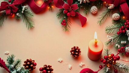 "Christmas Holiday Background with Red Candle, Pine Cones, Berries, and Festive Decorations"