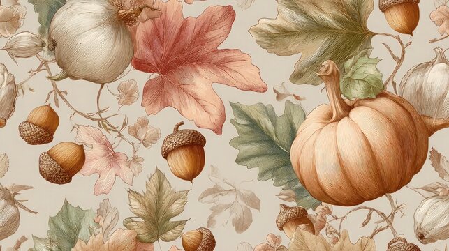 Seamless autumn vector pattern with falling leaves, acorns, and pumpkins