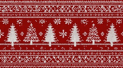 Seamless Christmas sweater pattern in red and white with snowflakes and trees