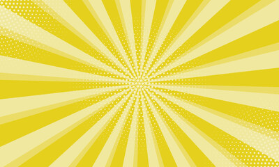Radiant yellow background. Pop art comic book background. Sunburst yellow background with radial lines and halftone dots. 