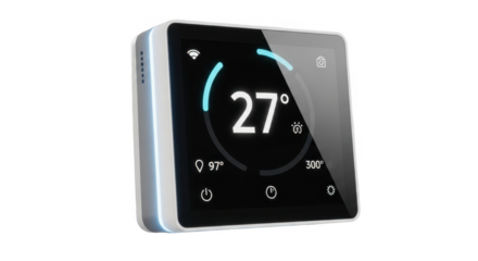 A modern smart thermostat displaying a temperature of 27 degrees Celsius on a digital interface.