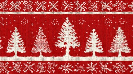 Seamless Christmas sweater pattern in red and white with snowflakes and trees