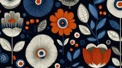 Seamless floral pattern in Scandinavian style with stylized leaves and flowers