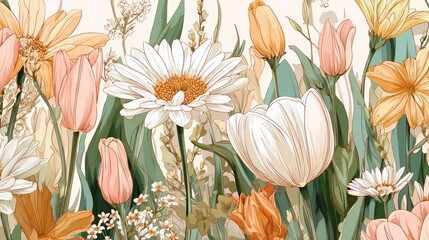 Seamless floral vector design with daisy and tulip motifs in spring pastel colors