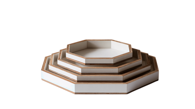 A hexagon stacking tray in painted wood, white background --ar 16:9 - Powered by Adobe