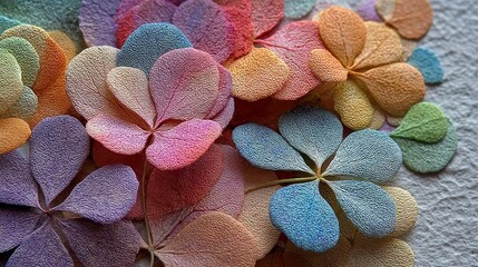 Vibrant collection of multicolored four-leaf clovers in a rainbow of hues, ranging from soft pastels to vivid shades, displayed on a textured light background with a three-dimensional appearance.