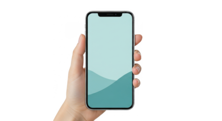 Hand holding a smartphone with a teal abstract wave pattern on the screen, against a white background.
