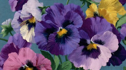 Vibrant cluster of pansy flowers in full bloom with deep purples, soft pinks, bright yellows, and dark markings against a soft blue background, textured petals, green leaves, and natural contrast.