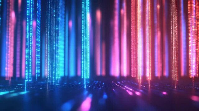 Abstract Digital Data Stream: Neon Glow, Futuristic Binary Code Animation
