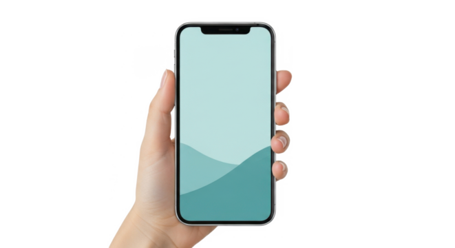 Hand holding a smartphone with a teal abstract wave pattern on the screen, against a white background.