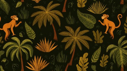 Seamless jungle pattern with monkeys, palms, and tropical leaves in flat vector style