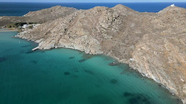 Aerial view of Paros rocky shoreline, Greece.