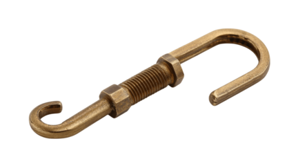 A solid brass hex key ring with hook clasp, white background --ar 16:9