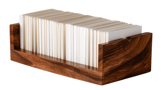 A slotted wood stand for recipe cards, white background --ar 16:9