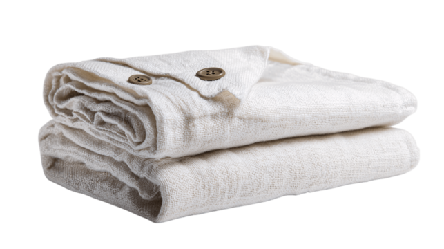 A soft cotton wrap towel with button loop, white background --ar 16:9