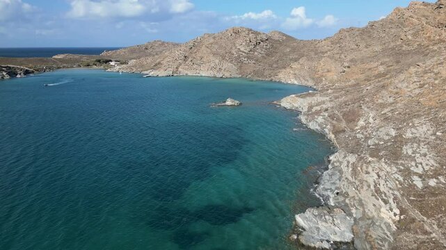 Aerial view of Paros Bay with turquoise water, Greece.
