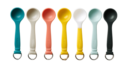 A tapered silicone measuring spoons in keyring, white background --ar 16:9