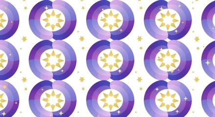 Abstract geometric pattern with purple and gold circular shapes and stars
