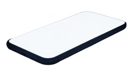 A modern smartphone with a blank white screen, isolated on a white background, viewed from a high angle.