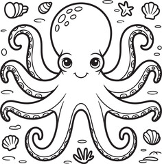 Smiling octopus surrounded by seashells and starfish tentacles suction