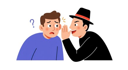 Mysterious Figure in Hat Sharing a Secret with a Confused Man - Vector art symbolizing espionage, insider information, hidden truths, or the spread of rumors and speculation.