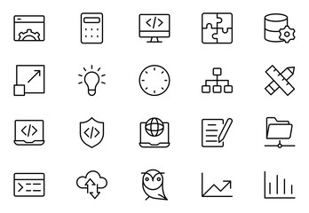 web development line icon set. Vector illustration included icons as mobile software, app UX prototyping, and data analytics pictogram for web startup launch. Green Color,