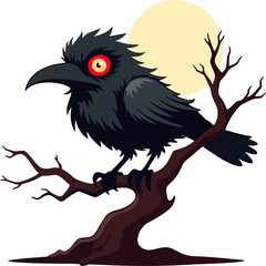 Evil Black Crow with Red Eyes on a Tree Branch Under Full Moon – Horror Vector Art