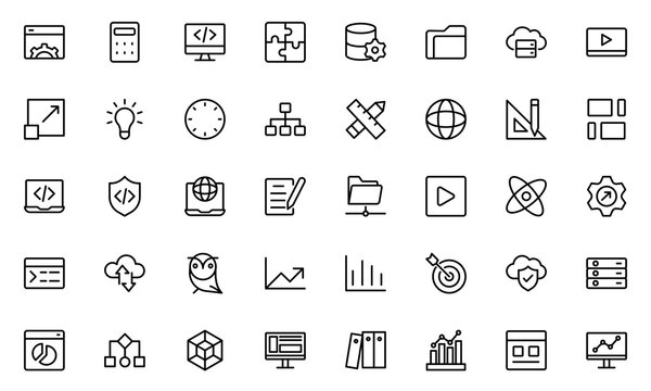 web development line icon set. Vector illustration included icons as mobile software, app UX prototyping, and data analytics pictogram for web startup launch. Green Color,