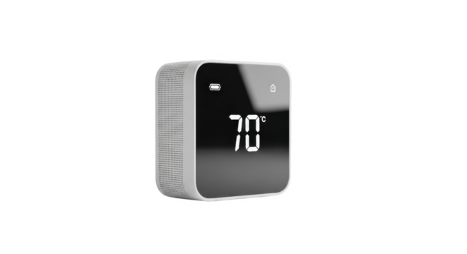 A modern, square thermostat displays a temperature of 70 degrees on a sleek, black screen.