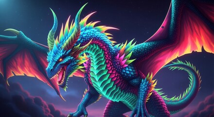 Majestic Colorful Dragon with Glowing Scales in a Mystical Night Sky