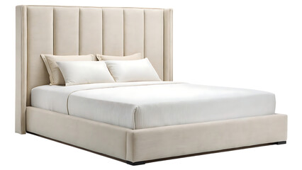 Elegant upholstered bed with headboard and white linens on transparent background