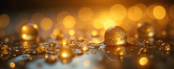 Cascading Golden Tears A Surreal, Ethereal Image of Glistening Droplets Reflecting Light on a Smooth Surface, Perfect for Fantasy, Mythology, and Magical Designs